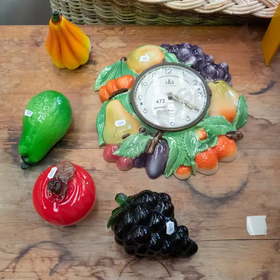 JAS ceramic wall clock - As Is, No Returns - and glass fruit and vegetables
