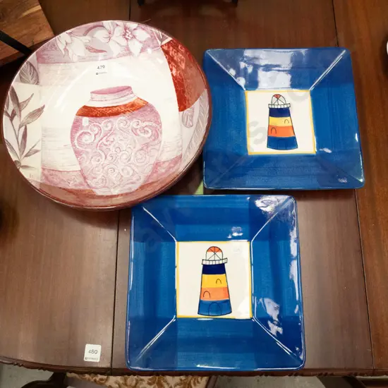 large modern serving bowl D-350 and 2 lighthouse themed serving plates
