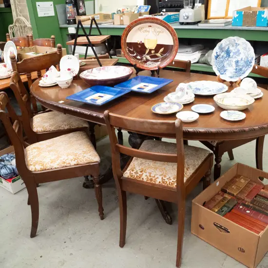 mahogany oval ended pedestal dining table with 6 upholstered ladder-back chairs H-760 L-920 W-700