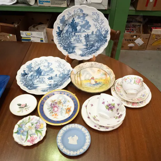 trios, Royal Doulton bowl, Ridgway plates, etc.