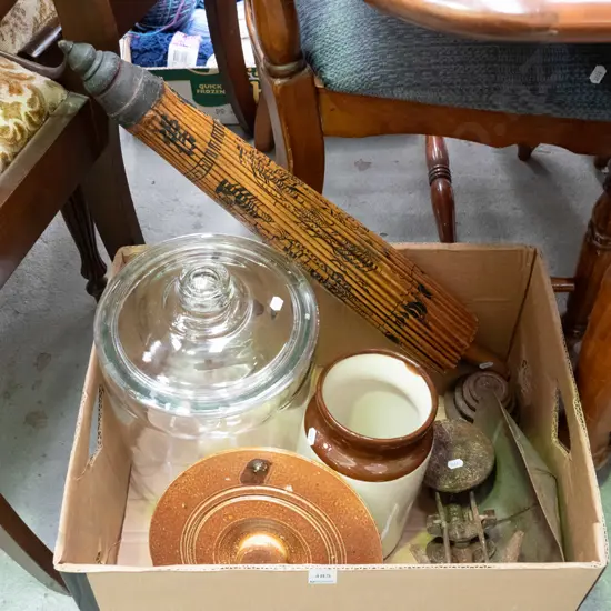box of large lidded glass storage container, has chip to rim, parasol, rusty vintage balance scales, etc.