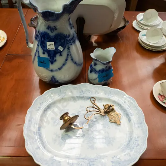 vintage flow blue wash jug and a vase, both have cracks, an ashett and a piano sconce