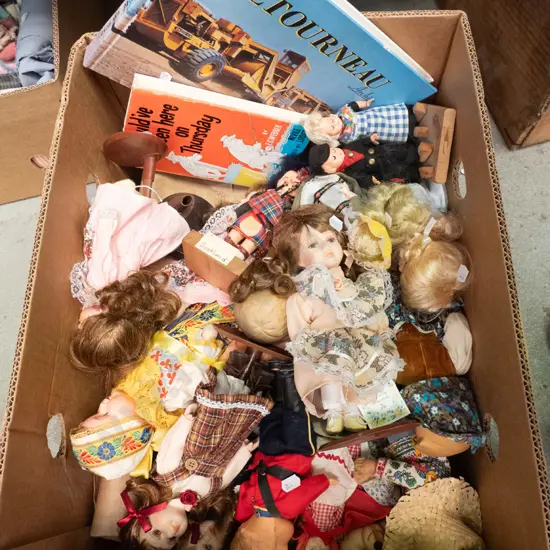 box of dolls and 2 books