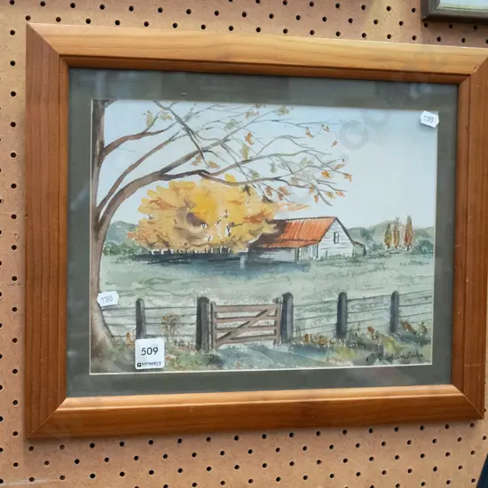 framed watercolour - farm buildings