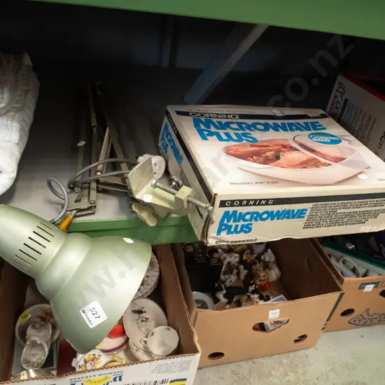 clamp mounted anglepoise lamp, boxed microwave browning skillet