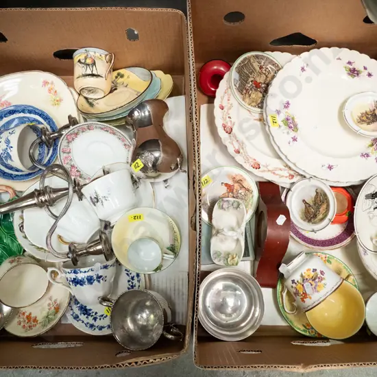 2 boxes; plates, pin dishes, plated ware etc - green dots