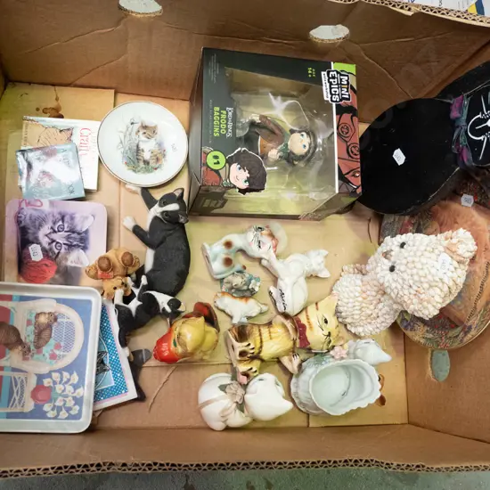box; Lord of the Rings figurines, ceramic cats etc