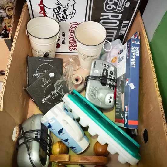 box; various signs, knee support, ice trays etc