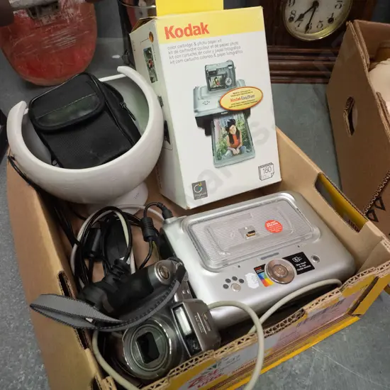 box; footed bowl, digital camera, Kodak printers