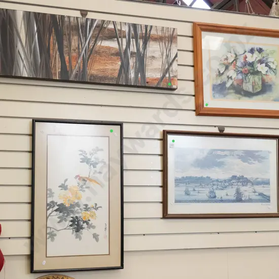 2x framed prints, framed Asian watercolour - foxing, boxed acrylic canvas - hole - green dots