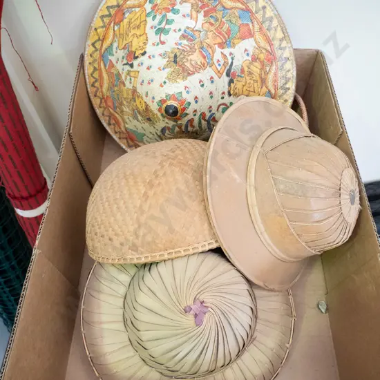 box; various hats