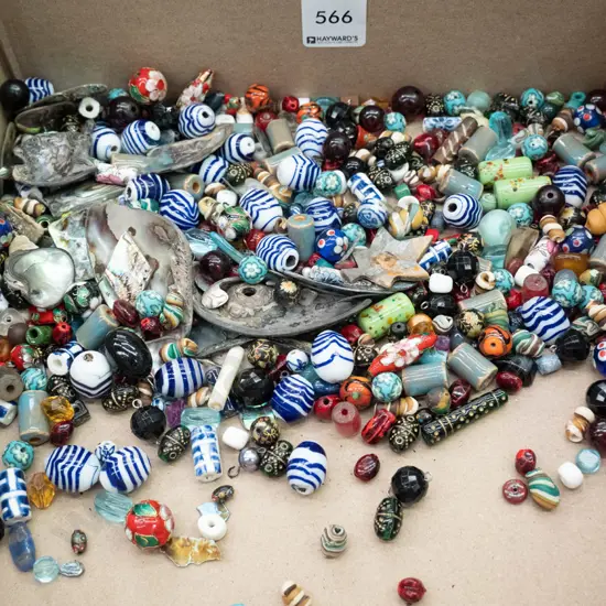 box; paua pieces, glass beads