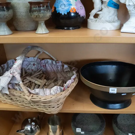 metal footed bowl, vintage cane basket with pegs