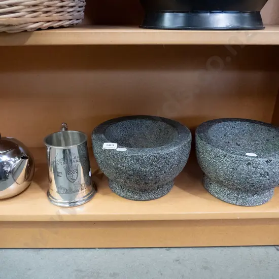 2x  stone mortars, plated tankard, teapot