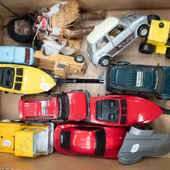 box; model vehicles, toy doll