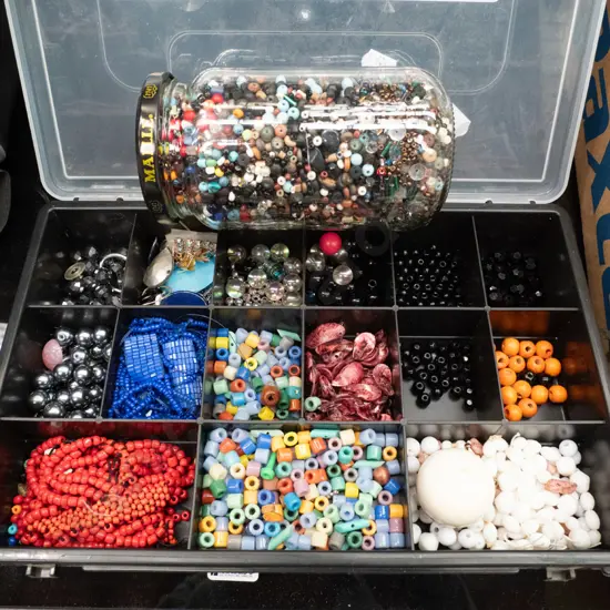 jar of beads, organiser of beads