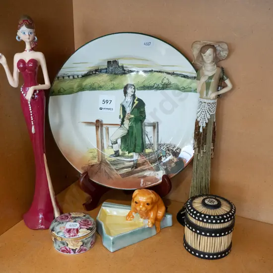 Doulton Sydney Carton plate, figurines, porqupine quill container etc