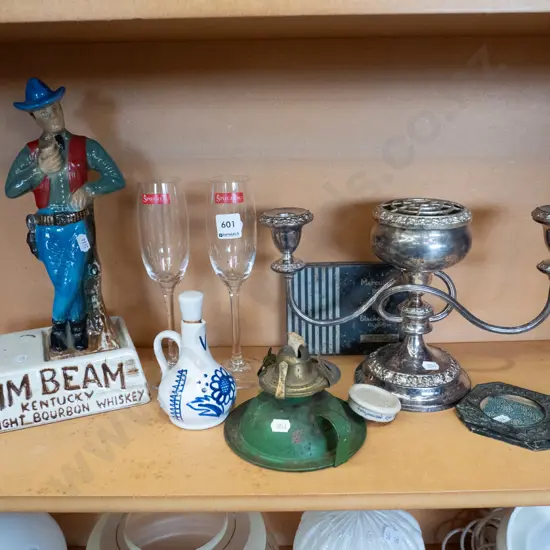 shelf; wine glasses, Jim Beam decanter, retro vinegar bottle etc