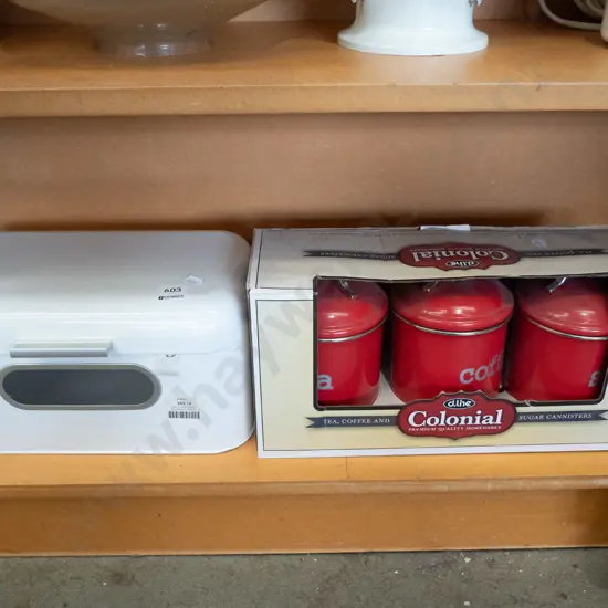 Colonial tea, coffee and sugar canisters, bread bin