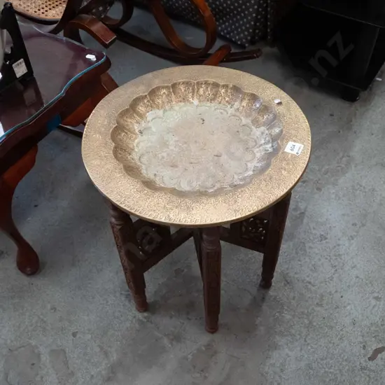 brass top chip carved Middle Eastern foldaway side table