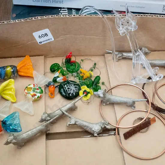 box; glass sweets, dog figurines, bangles etc