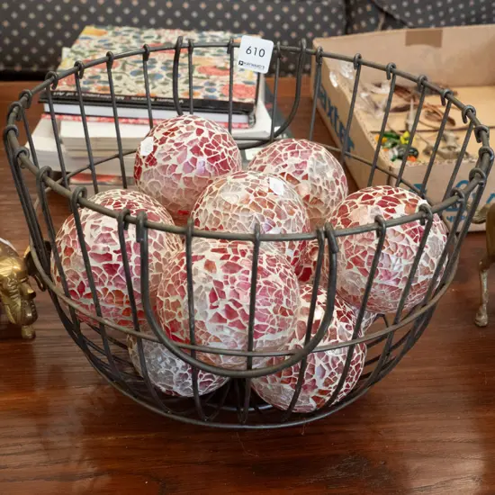 wire basket, ornamental mosaic balls