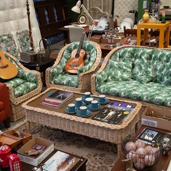 cane and palm leaf print upholstered 4 piece patio suite - 2 seater, 2x singles, coffee table
