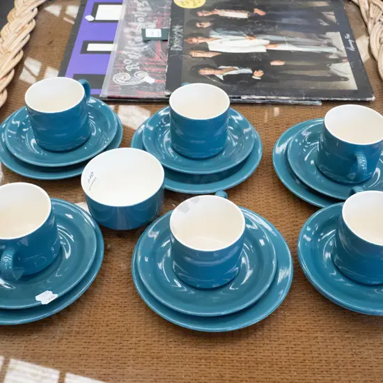 Crown Lynn blue glazed trios, sugar