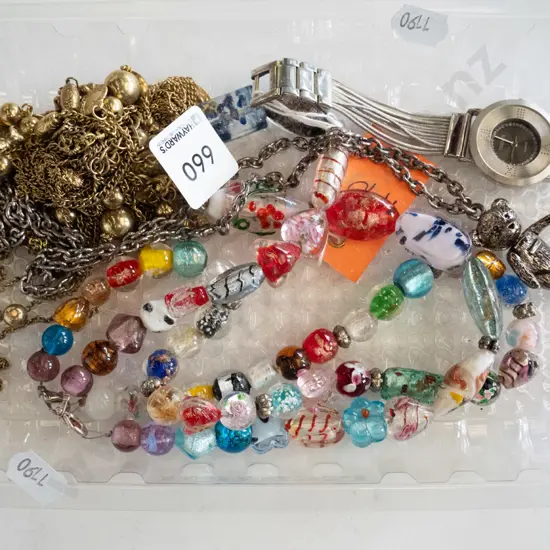plastic tray; wristwatch, glass beads, pendant etc