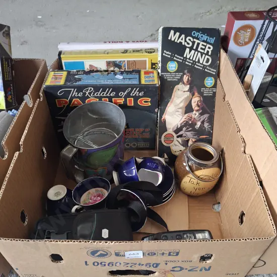 box; 35mm camera, Mastermind game, flour sifter etc