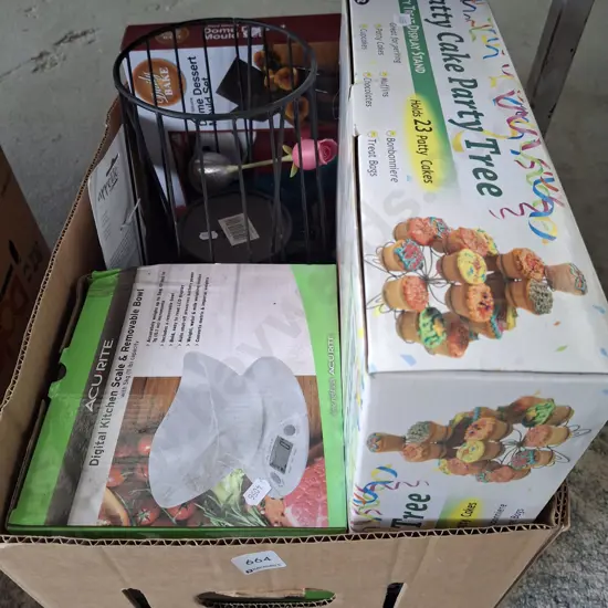 box; party cake party tree, kitchen scales, jardiniere stand etc