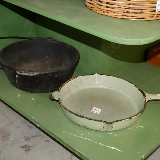 green speckled enamel frying pan, cast iron pot - some damage