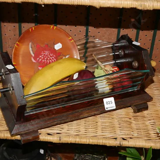 deco wood and glass fruit bowl, faux fruit, small wooden plate