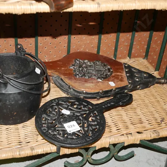 bellows, trivet, glue pot