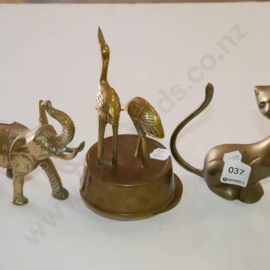 brass cat, elephant, musical birds figurine