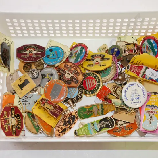 tray of various motorcycle rally badges - tray not included