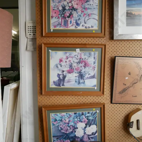 3x framed floral prints - yellow dots
