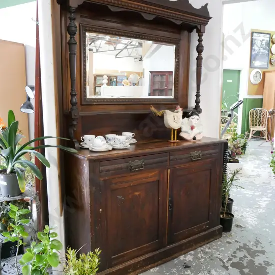 restorer's dark stained kauri 2 door 2 drawer mirror back buffet sideboard H-1230 W-1370 D-500
