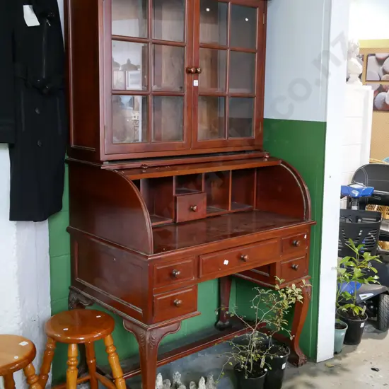 reproduction cab leg roll top desk with 2 door glazed bookcase in top H-1870 W-1015 D-610