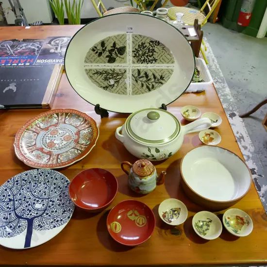 Denby casserole, small  Asian teapot, bowls etc