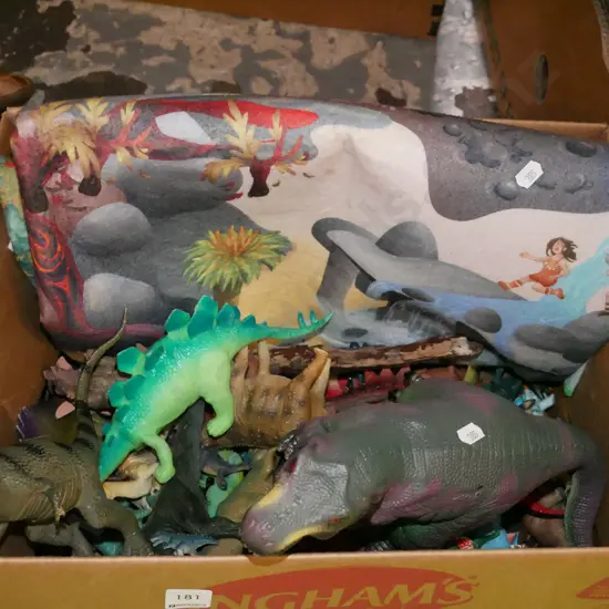 box; play mat, plastic dinosaurs