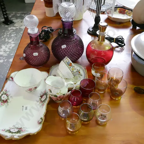 3x stoppered decanter, trio, sandwich plate etc