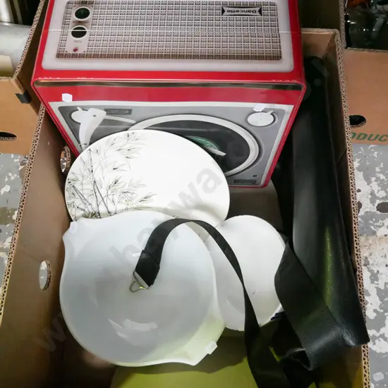 box; satchel, glass bowls, cake tin etc