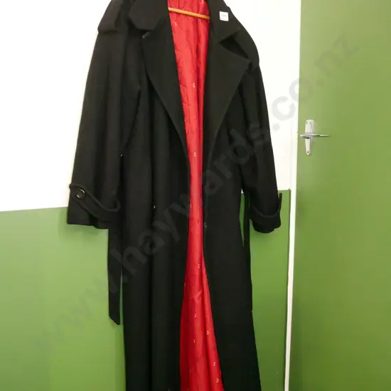 ladies black wool and polyester long coat