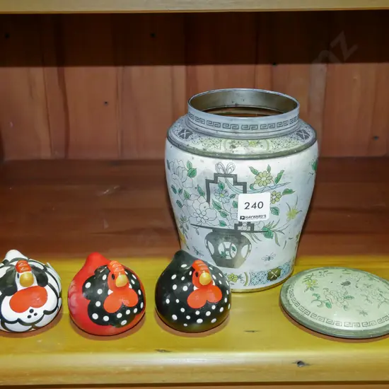 vintage tin lidded canister of buttons, 3x hand painted happy hens