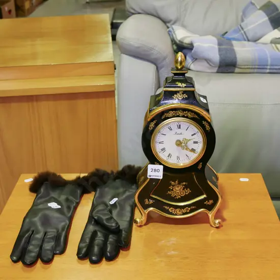 pair of fur lined ladies gloves, reproduction mantle clock H-310
