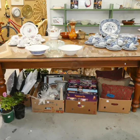 dark stained solid pine turned leg table with glass protective top H-770 W-1780 D-1035
