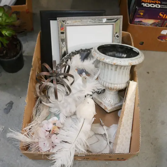 box; vase, picture frames, mirrored tray etc