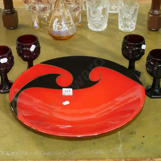 Maori boy glass bowl, 4x ruby glass goblets