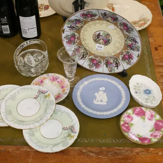Limoges style bowl, Wedgwood dish, crystal basket, vase etc